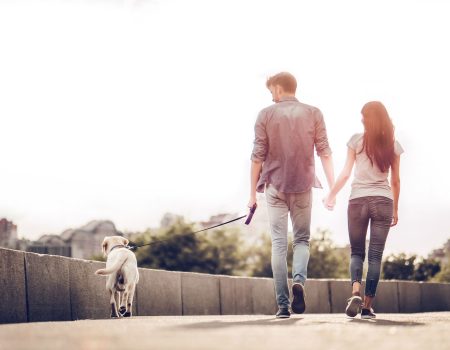 couple walking dog ven